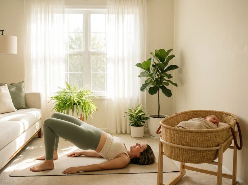Postnatal pelvic floor recovery - woman practising safe core exercises at home with physiotherapist guidance